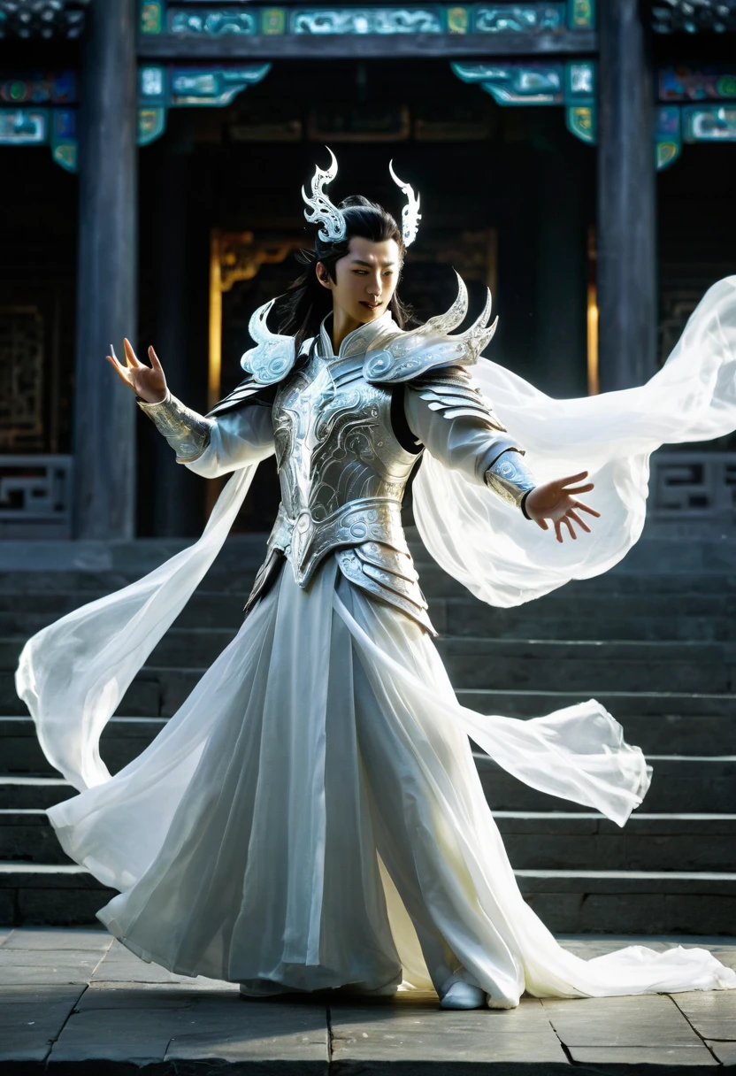 Full body photo, fluorescent art, virtual engine, Tianting Divine General, Erlang Divine Yang Jian, silver radiance, glowing divine ring behind, divine backlight, white ribbon flying, full of pressure, wearing silver divine armor, waving a golden trident in hand, dynamic posture, combat posture, black howling celestial dog following beside, with magnificent Chinese architecture behind, dark mythological style, ethereal scene, ethereal feeling, dark color tone, perfect composition, and a sinister smile