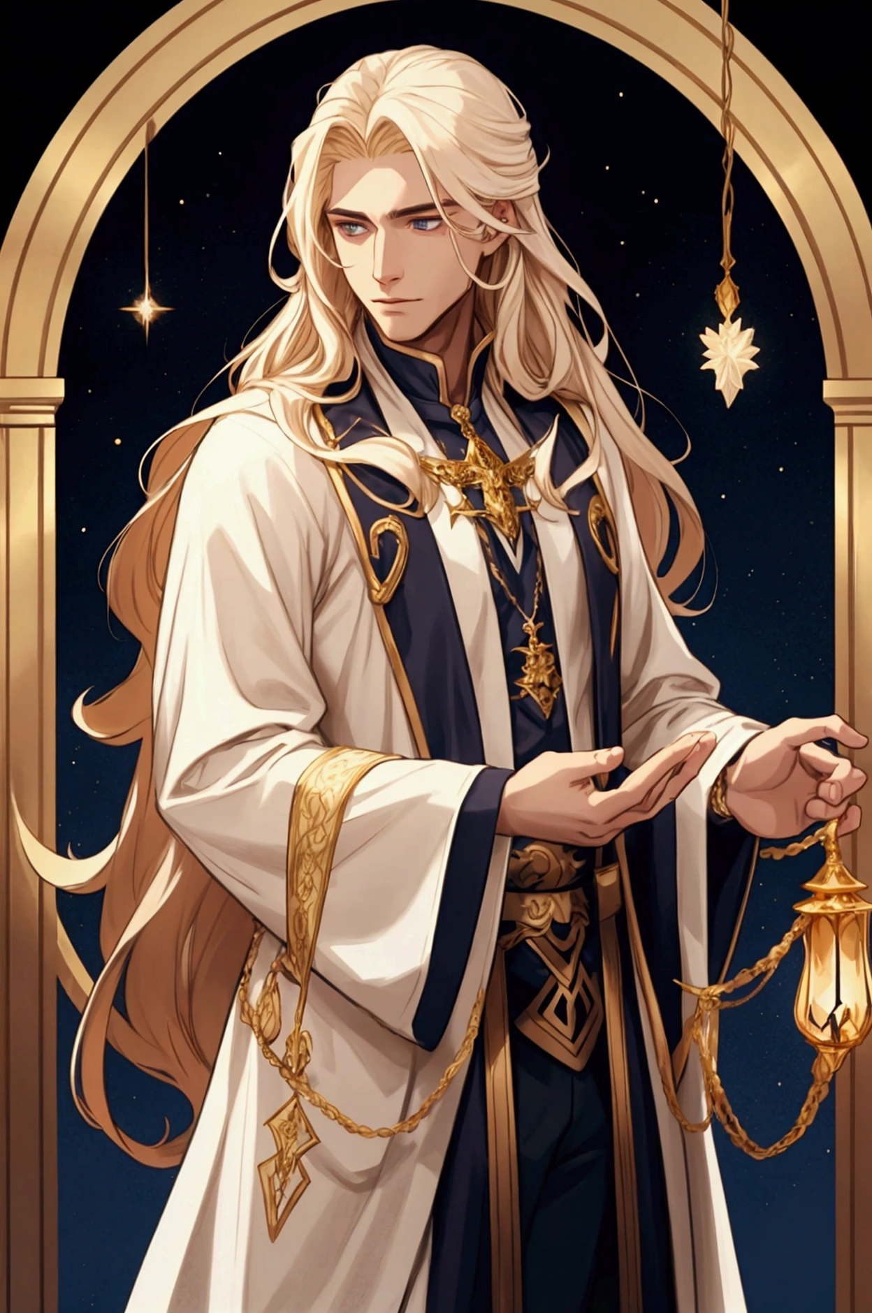 A young male wizard with long golden hair, A handsome man, White magic