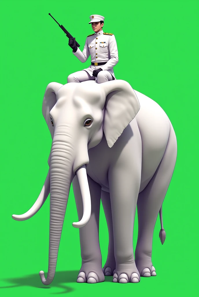 white dress male Soldier seated with cap on white elephant with handed gun with plain green screen, full viewed elephant.