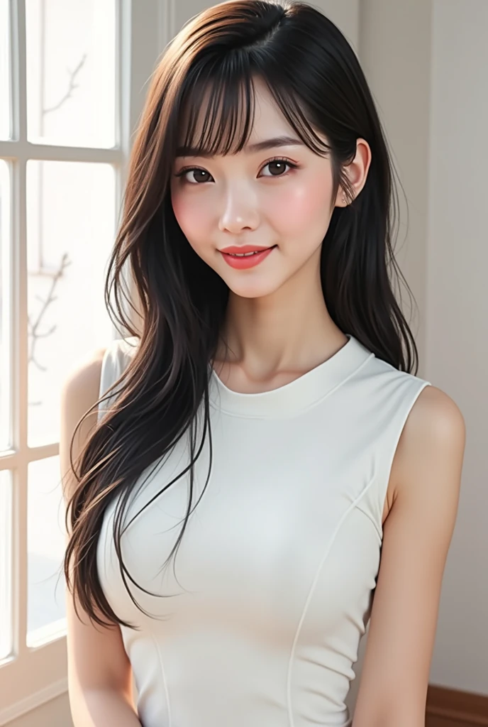 (masterpiece, 最high quality:1.2), One Japanese girl, alone,sexy, (Super beauty,beautiful girl),20-year-old, (厚くsexyな湿った唇,) (White sleeveless dress), (A very cute face, like an idol:1.3), (big eyes with double eyelids), ((Upper Body)), beautifulスリムな体型, (小さくてbeautiful胸), Beauty, Beautiful legs, Very detailedな, photoRealistic, 8k, high quality, Realistic, Very detailed, Intricate details, Cinema Lighting, beautiful, Intimate, delicate, soft,Natural light, Warm tones, Black Hair, Medium Straight Hair, With bangs, smile, In a room with white walls,