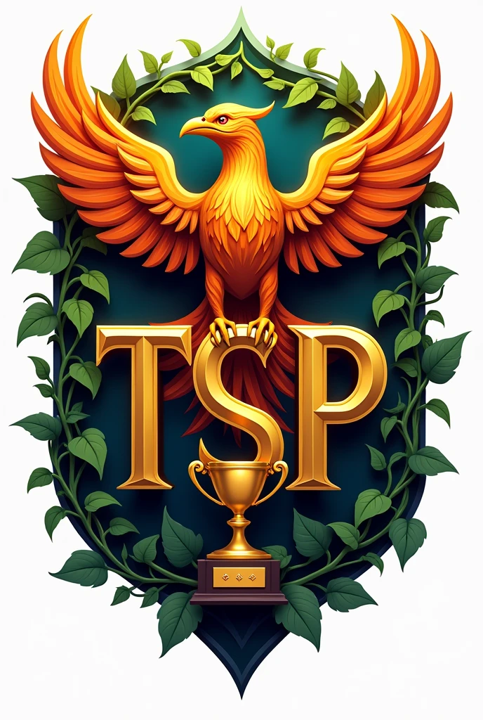 Logo that says TSP that has a trophy and a golden gamer-style Phoenix and has vines in the background