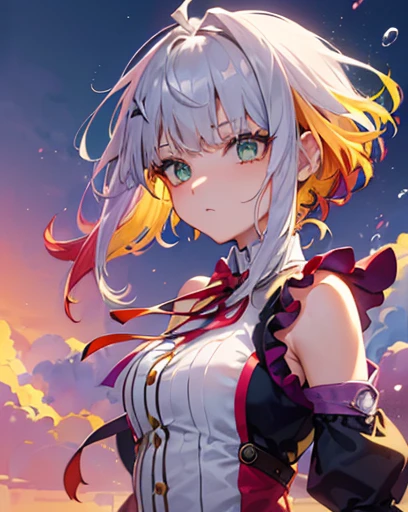 1.5),(1 girl),(dynamic pose),(multicolored hair+silver hair:1.3+red hair:1.2+purple hair+yellow hair:1.3+green hair:1.3),(blue eyes),(neck ribbon),(floating),(cloud),(too many drops of water),(twilight),(watercolor),(wide shot)