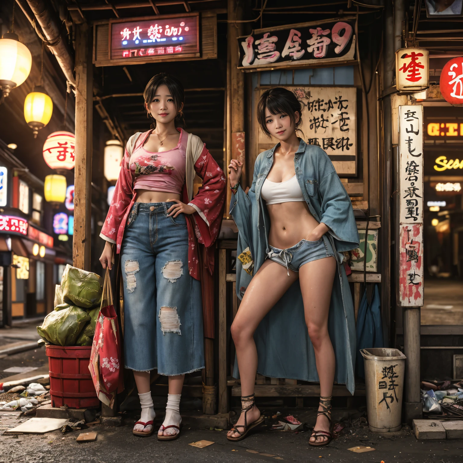 
((masterpiece、Highest quality))、Beautiful girls gather.、Three girls in summer clothes、(Showa Retro:1.2)、(Detailed and cute face:1.3)、(Poor conditions、Japan's poor neighborhoods、Dim and unsanitary、Standing Bar、みんなで楽しくdiet、Crumbling underground shopping mall:1.3)、屋台のdiet店、stage、sewage、Dirty shop、street vendors、Unsanitary and abandoned city、smile、diet、Poor person々