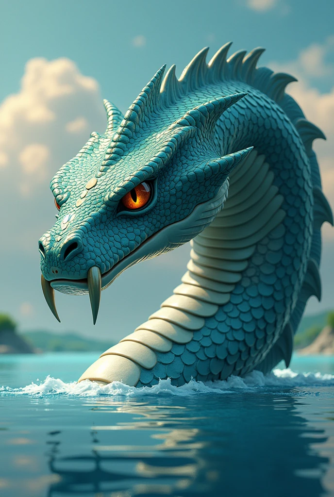 Generate 3d animated cartoon style The colossal head of Kaliya Naag emerging from the water, his scales glistening, and eyes filled with malice