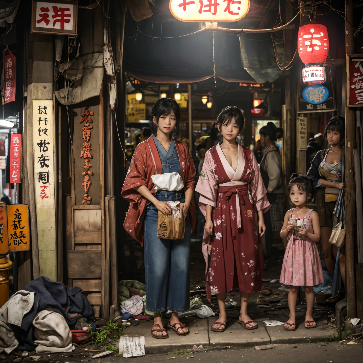 ((masterpiece、Highest quality))、Beautiful girls gather.、Three girls in summer clothes、(Showa Retro:1.2)、(Detailed and cute face:1.3)、(Poor conditions、Japan's poor neighborhoods、Dim and unsanitary、Standing Bar、みんなで楽しくdiet、Crumbling underground shopping mall:1.3)、屋台のdiet店、stage、sewage、Dirty shop、street vendors、Unsanitary and abandoned city、smile、diet、Poor person々