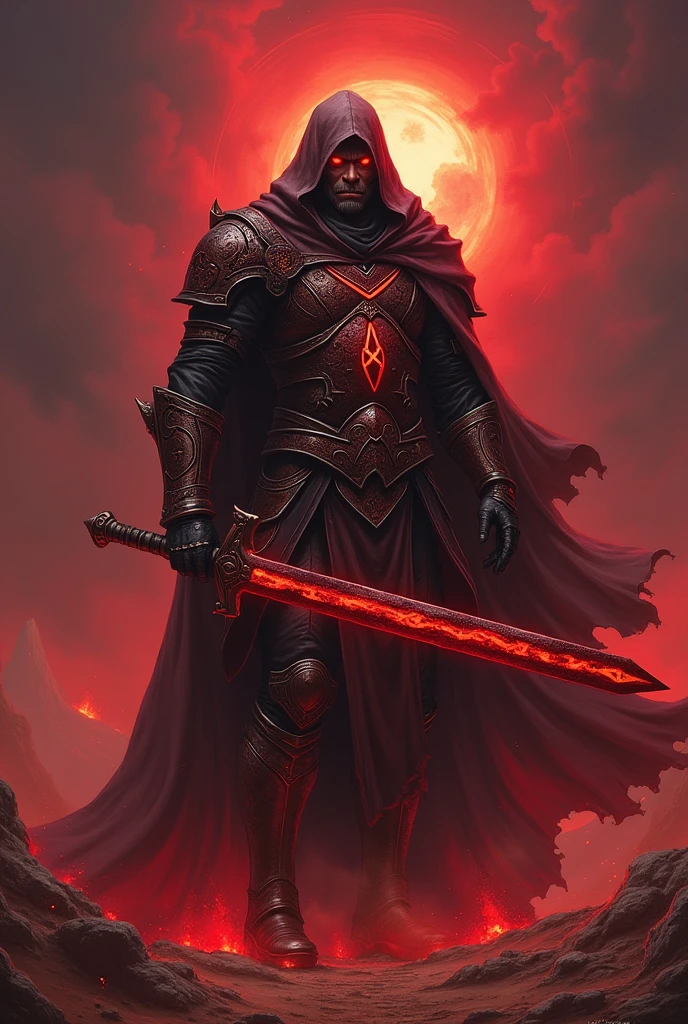 Create a detailed and dynamic illustration of Wylix, a powerful and enigmatic mentor from the world of Adhidaiva. He is an imposing figure with eyes that glow intensely, reflecting his wisdom and power accumulated over centuries. His attire consists of a time-worn armor adorned with ancient runes that glow red, matching the hellish environment of Adhidaiva. Wylix wields a long, sinister sword with a blade that seems to absorb the light around it. His stance exudes authority and strength, while an aura of dark energy surrounds him, showing that he is an experienced and formidable warrior. In the background, hint at a blood-red desert with a threatening sky, enhancing the mystical and dangerous atmosphere.
