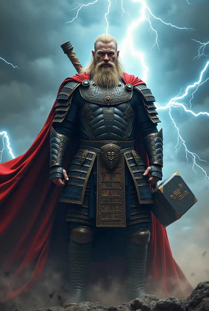 Man in samurai armor, blonde, facial hair, helmet, mjolnir hammer, red cape, lightning background