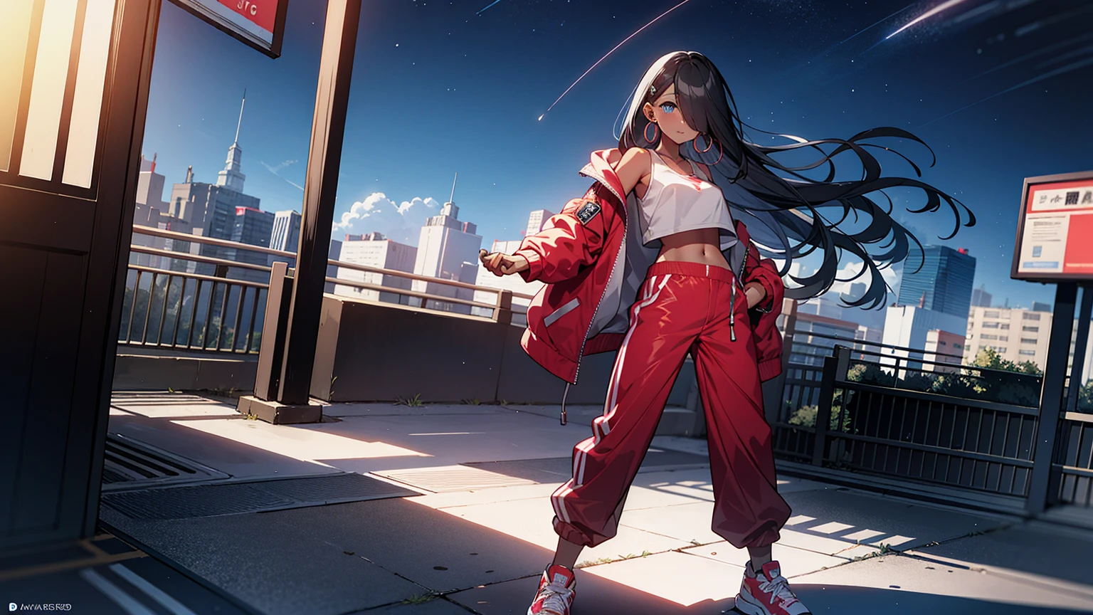(best quality), ((masterpiece)), (highres), illustration, original, extremely detailed, 1girl, headphones, solo, Electric guitar Amplifile Guitar, sky background, midriff, pants, blue eyes, hair over one eye, simple background, shoes, black hair, long hair, hood, full body, red jacket, looking at viewer, hoodie, sneakers, hoop earrings, crop top, red pants, standing, jacket, baggy pants, dark-skinned female, breasts, closed mouth,night Sky, night, rooftop ,