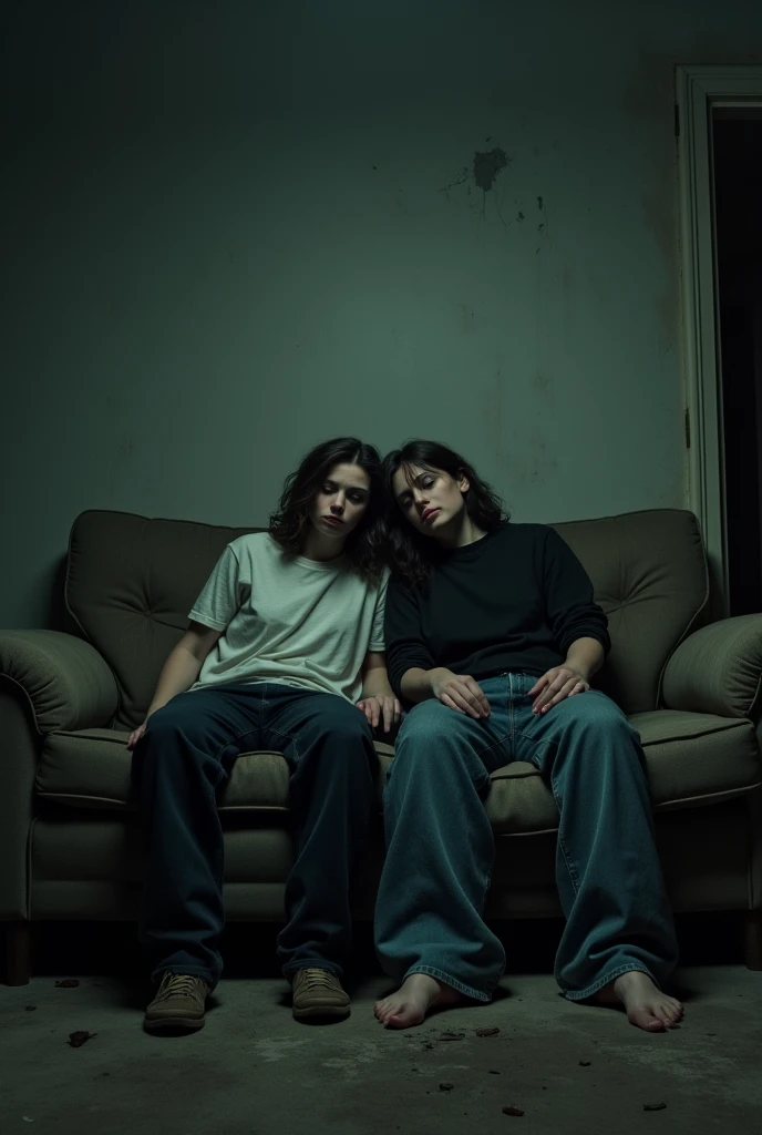 Young and bored man and woman sitting on a worn out couch in a dark living room, nightmare