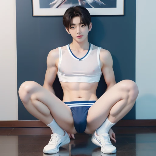 Korean handsome male idol,,panties,Necktie Uniform, White crop top, A handsome man, Squatting position with legs spread, Mating slave for water, Adonis, Skinny body type, skinny body type, sailor uniform, Filming porn, penis visible,weak man, butt exposure, Shit show, 음경panties, 음경panties