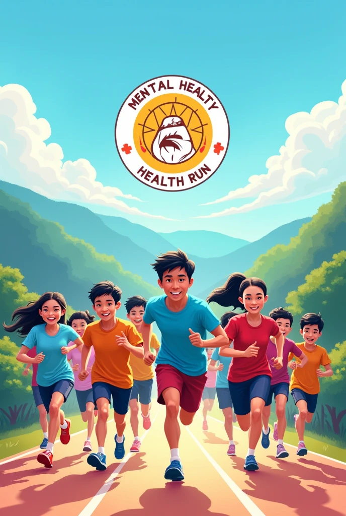 Create an illustration of people running for an event. Title of the backdrop is ‘mental health run’. Main colors are blue and purple. Save the middle space for logo. Asian people in the illustration. Make it a bit more cartoonish. Change the color of the shirt to more colorful.