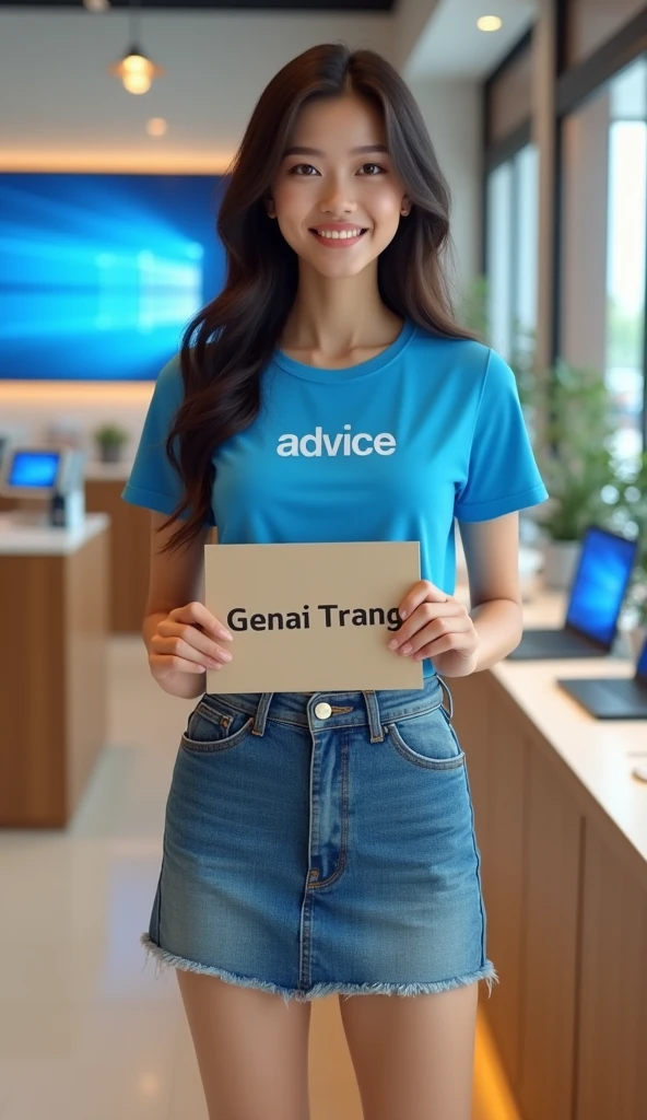 A beautiful Thai girl wearing a blue T-shirt with the words printed on it "ADVICE", Wear a short jean skirt, (Standing holding a GENAI TRANG sign)"In a tablet computer shop