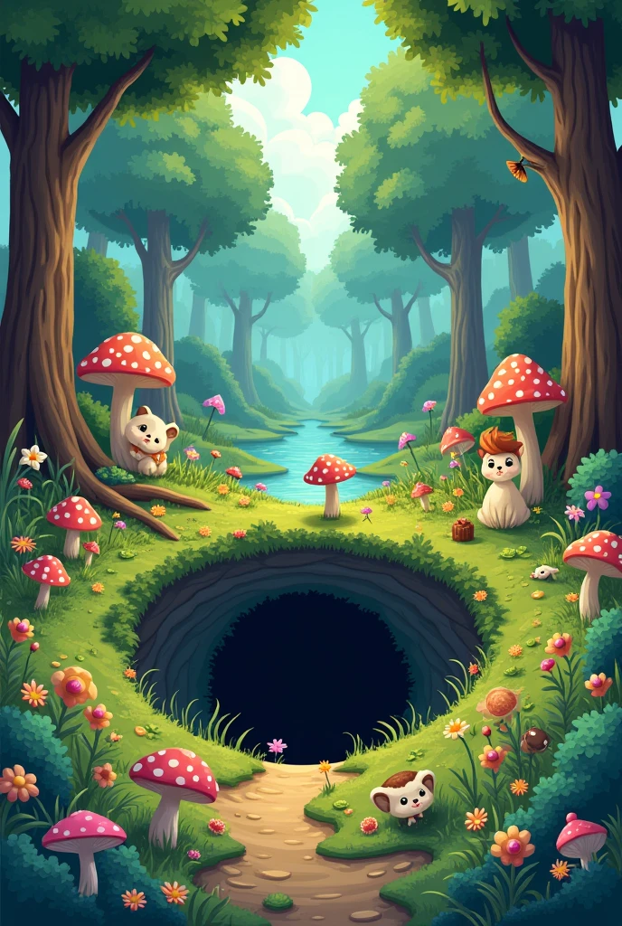 A magical forest with a big hole, cartoons