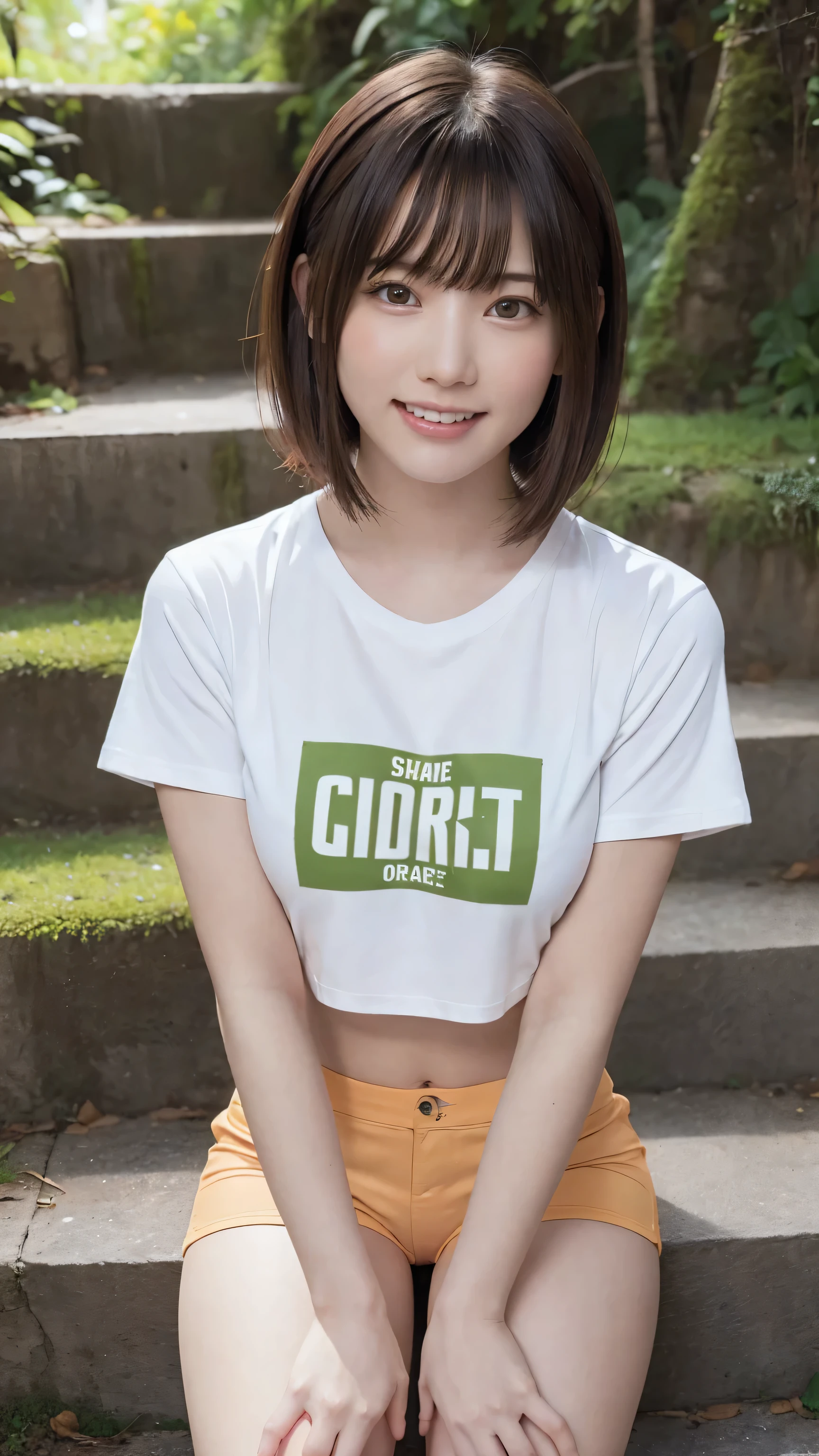 beautiful girl, One Girl, (Cropped logo T-shirt:1.3, low-rise hot pants:1.3), (yo:1.3), break, (Beautiful moss-covered stairs:1.2), break, Shy laugh, Very beautiful eyes, (Symmetrical eyes:1.3), break, (D cup Breasts:1.2), Brown eyes, Parted bangs, Brown bob cut hair, Round face, cute, break, (Eye and facial details:1.0), Spread your legs:1.3, Shooting from below, Pussy Line, Camel Toe, Looking into the camera, masterpiece, Highest quality, RAW Photos, Realistic, Cute people, Written boundary depth, High resolution, Very detailedな, In detail, Very detailed, Very detailed目と顔, Sharp pupils, Cinema Lighting