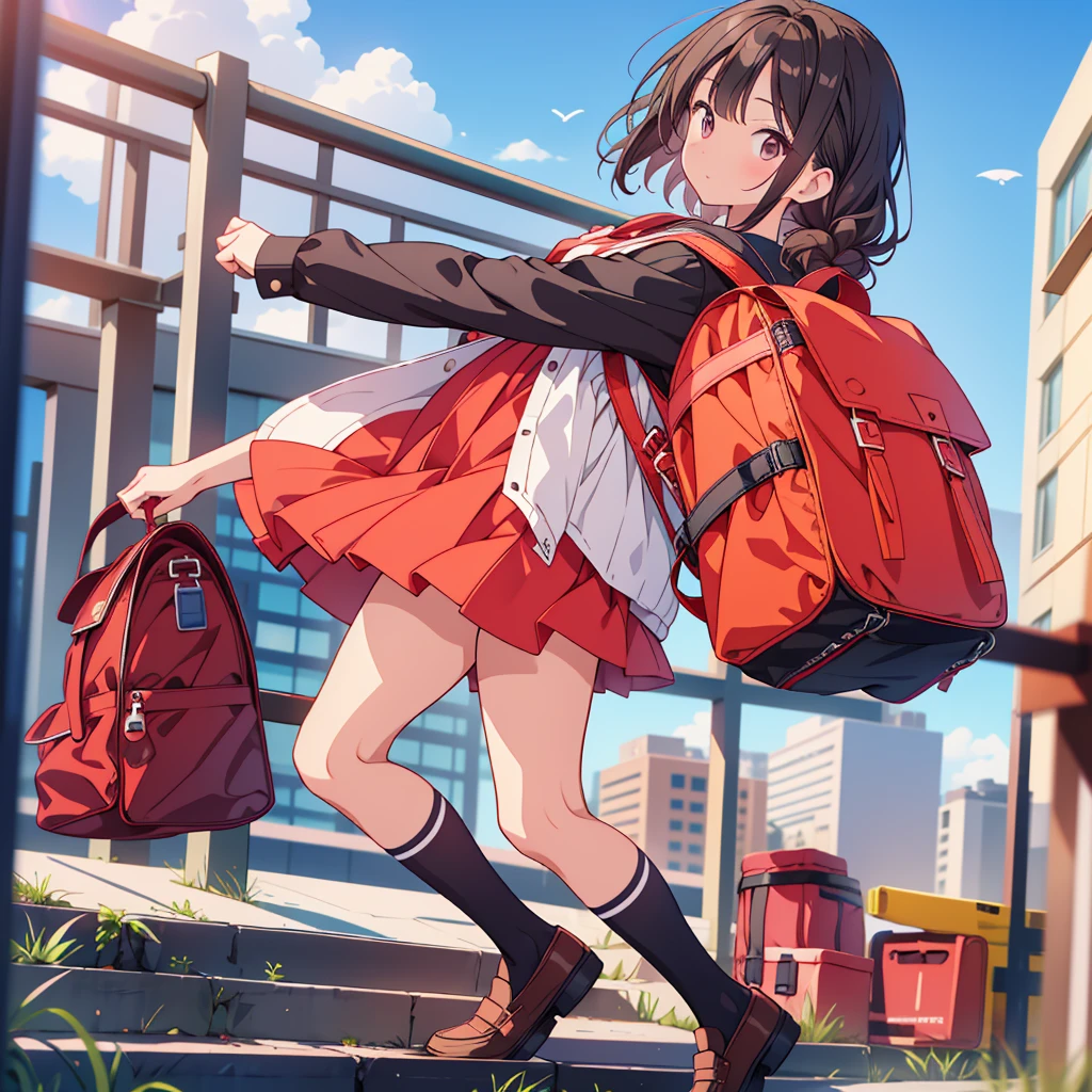 1girl,An elementary school student wearing a red dress has her hair slicked back by a strong wind、Carrying a black backpack、White knee-high socks、Brown loafers、While skipping、Sideways from the viewer&#39;s perspective、Yellow Background、Perfect Anatomy、Perfect human body、