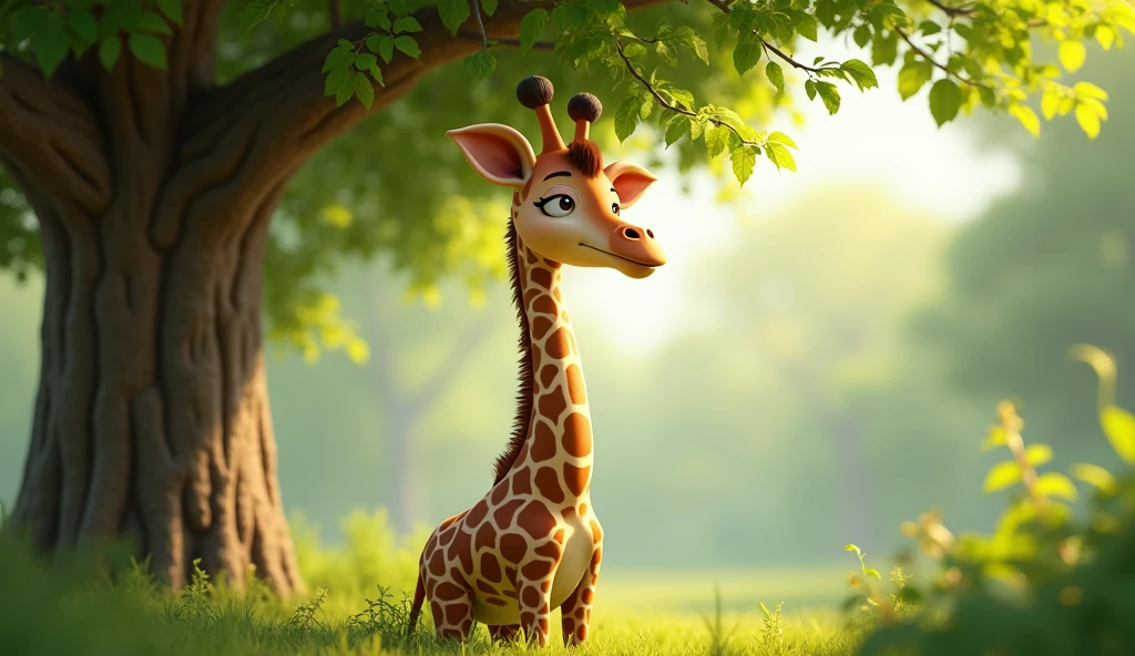 3d A long-necked giraffe (Griffey) which is eating the leaves of the tree. He has a very long neck and is smiling at the viewer.