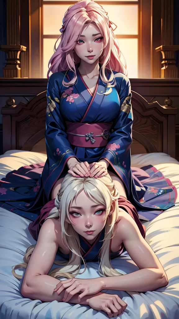 anime girl in a kimono lying on the bed with her head in her hands, a detailed painting by Yang J, trend on pixiv, Fantasy Art, Beautiful character painting, guweiz style artwork, beautiful and seductive anime woman, extremely detailed artistic germ, Hanfu blanco, realistic anime style ., loose hair and long robes, beautiful anime woman