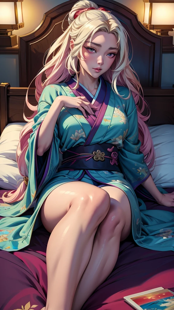 anime girl in a kimono lying on the bed with her head in her hands, a detailed painting by Yang J, trend on pixiv, Fantasy Art, Beautiful character painting, guweiz style artwork, beautiful and seductive anime woman, extremely detailed artistic germ, Hanfu blanco, realistic anime style ., loose hair and long robes, beautiful anime woman