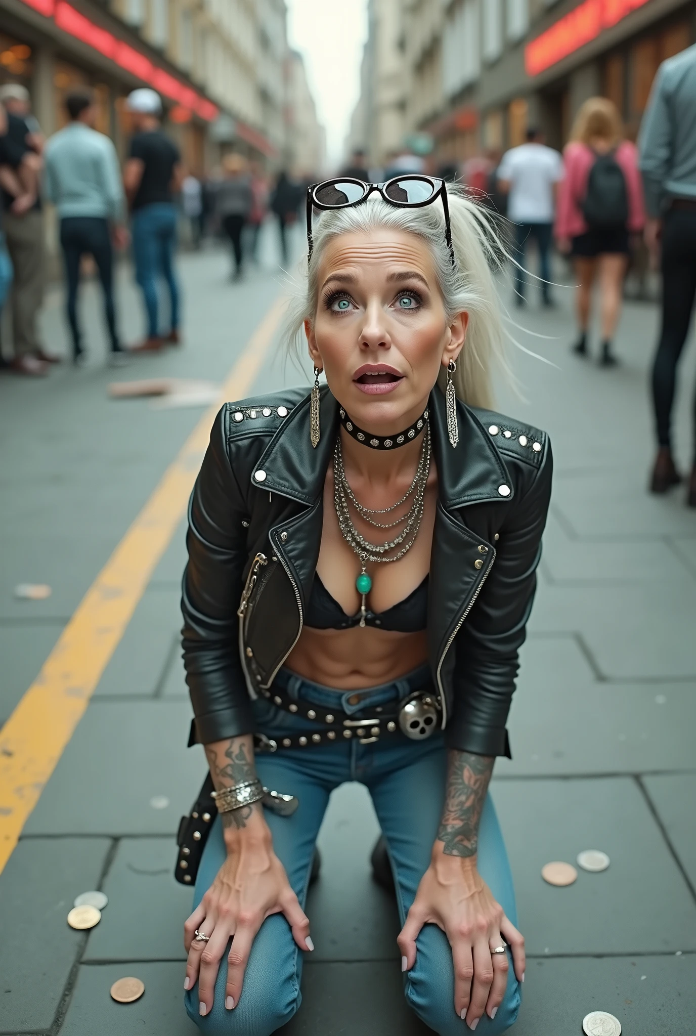 russian old milf woman, grey hair (ponytail) and oversize sunglasses as headband, with very light blue eyes, extremely pale. Wearing studded cropped black moto jacket with lots of zippers and pins, black push up bra , dark skinny blue jeans and pointy silver Chelsea boots with cuban heels  . Chokers. Lots of metallic bracelets and boho collars. Tacky wide studded eather belt with oversized skull and bones buckle. Long bohemian earrings. Kneeling like in a payer, a little bent, looking up, eyes and mouth wide open in amazement. One hand on her knees.The other hand is clutching her  studded black leather tote bag with chains  Listening in amazement to somebody speaking to her, toned six pack abdominals, thin neck, slim legs and thin arms. Tattoed heavily.  A lot of people around looking at her, next to her, coins and all her belongings on the floor
