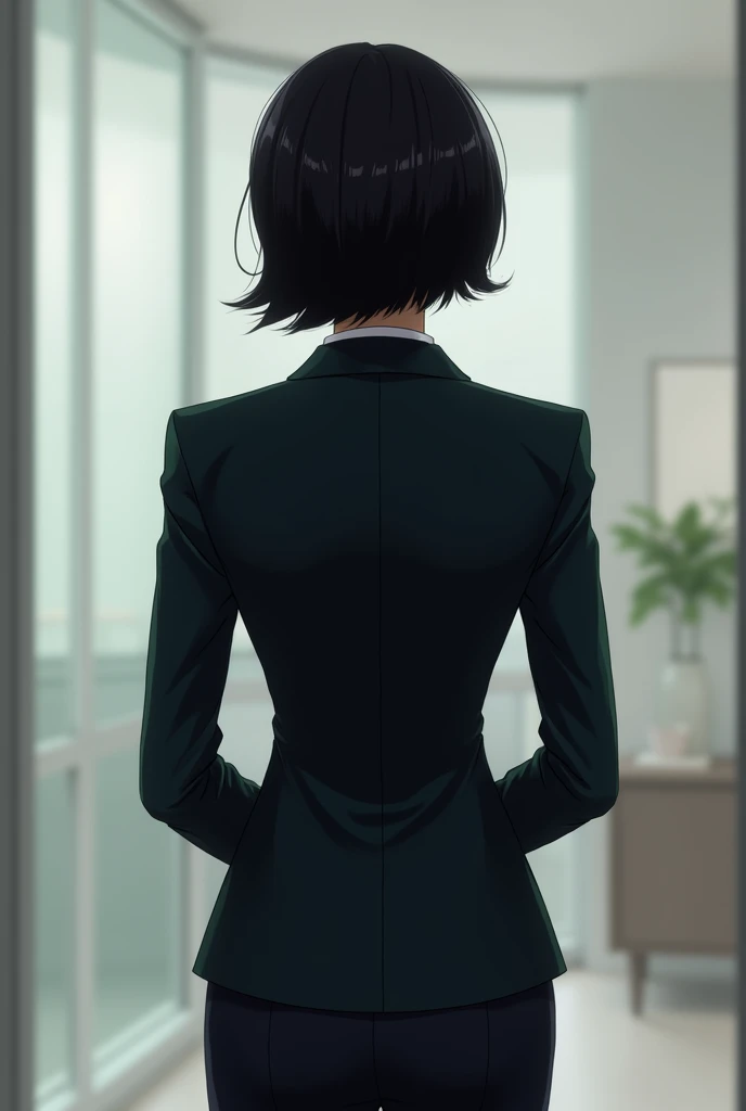 An average body woman with a short black hair in a back view with a executive attire