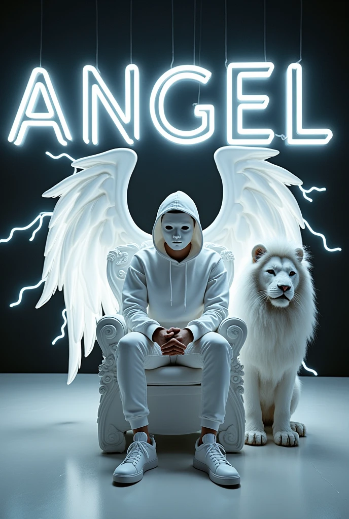 Create a 3D illusion for a profile picture where a 25 Year old boy in a white hoodie Sitting casually on a White Dragon Chair and Right Side White Lion sitting. Wearing white mask,sneakers,a white, She looks ahead. The background features “ANGEL” in big and capital white neon light fonts on the black wall. There should not be his shadow, and there are big lightning wings to make it appear as if he is an angel.”