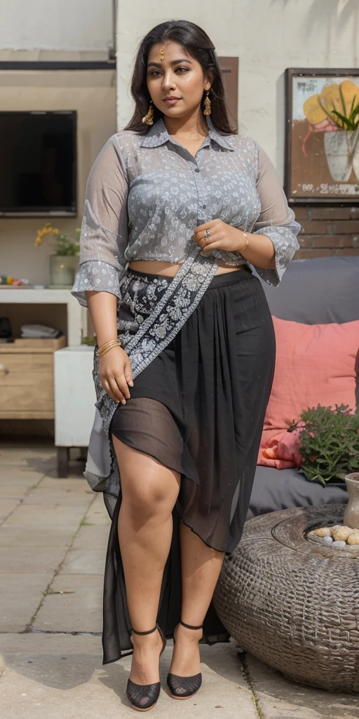 Day scene, A radiant, full-figured South Indian 35 year old aunty a gray colour chiffon mini skirt and black chiffon shirt, standing, in a garden captured in a full-body image with vibrant hues and meticulous details. Full body image