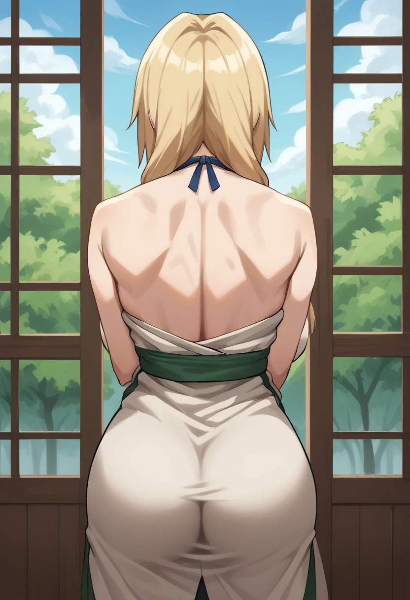 Tsunade senju, she is looking at the horizon , ((She has her back turned)), ((showing her back)), ((facing away from the camera)), facing away from the viewer, masterpiece ， Best quality at best， (1girl)， Tsunade Senju， Large breast，（ass), (big buddha ), Raised sexy， shy，long blonde hair, （brown eyeballs:1.4)， the cherry tree, busty figure, huge breats, busty, cleavage 