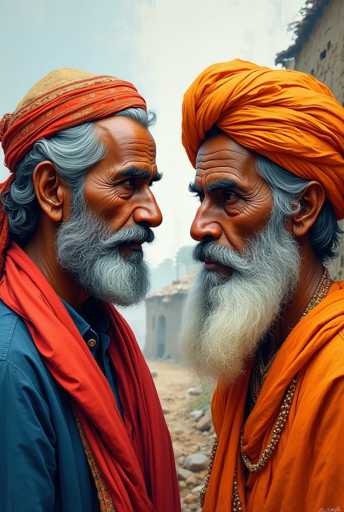 Magazine abstract hand painted drawing of two persons
one is 30 years old muslim guy other 60years old hindu
Background village outskirts
