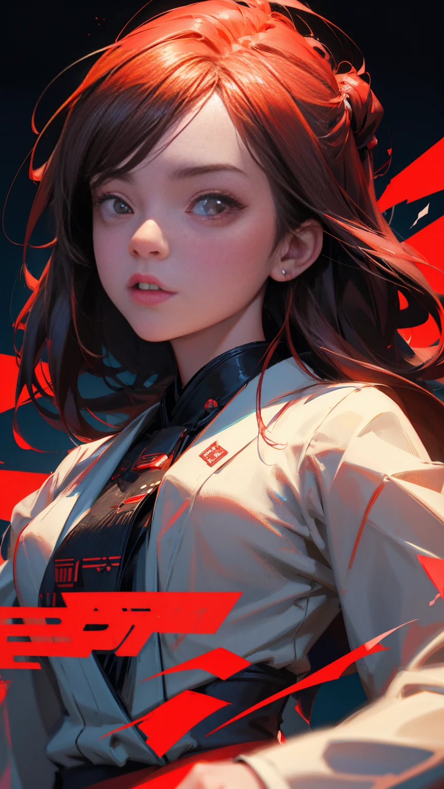 A Japanese girl with a Shocked face, Losing Money in trading, bad trader, losing control, Shouting, Worried, Red color theme, bitcoin evil, 3 d epic illustrations, hyper realistic fantasy bad trader, background artwork of stock exchange, 3 d game art, 3d game art, digital arts, Girl character design, illustration daily deviation, game art, losing control, greedy