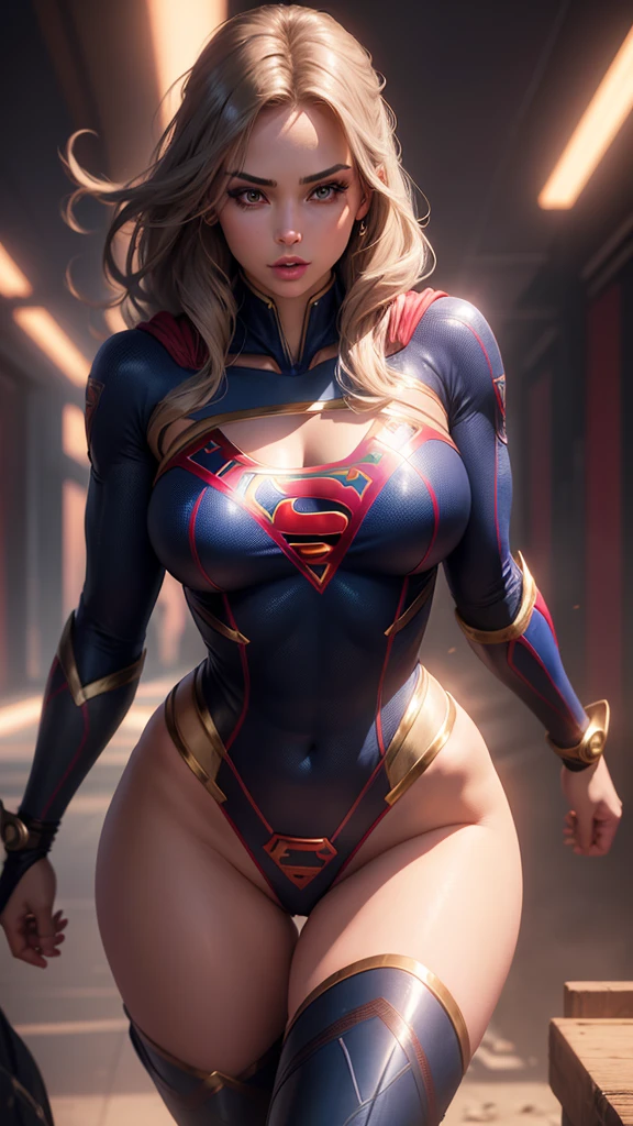 a sexy supergirl, detailed face, beautiful eyes, long eyelashes, full lips, flawless skin, large breasts, slim waist, curvy hips, tight bodysuit, thigh high boots, dynamic pose, glowing energy aura, cinematic lighting, vibrant colors, photorealistic, intricate details, 8k, high quality