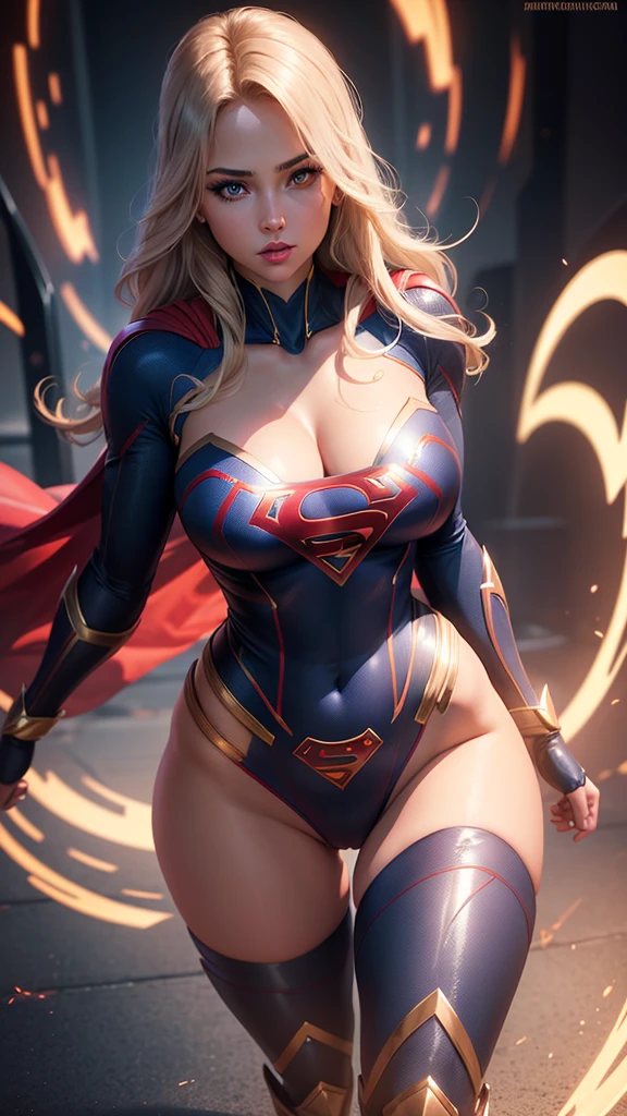 a y supergirl, detailed face, beautiful eyes, long eyelashes, full lips, flawless skin, large brelim waist, curvy hips, tight bodysuit, thigh high boots, dynamic pose, glowing energy aura, cinematic lighting, vibrant colors, photorealistic, intricate details, 8k, high quality