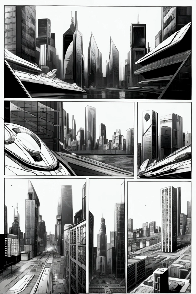 Futuristic city in black and white comic panels page 1