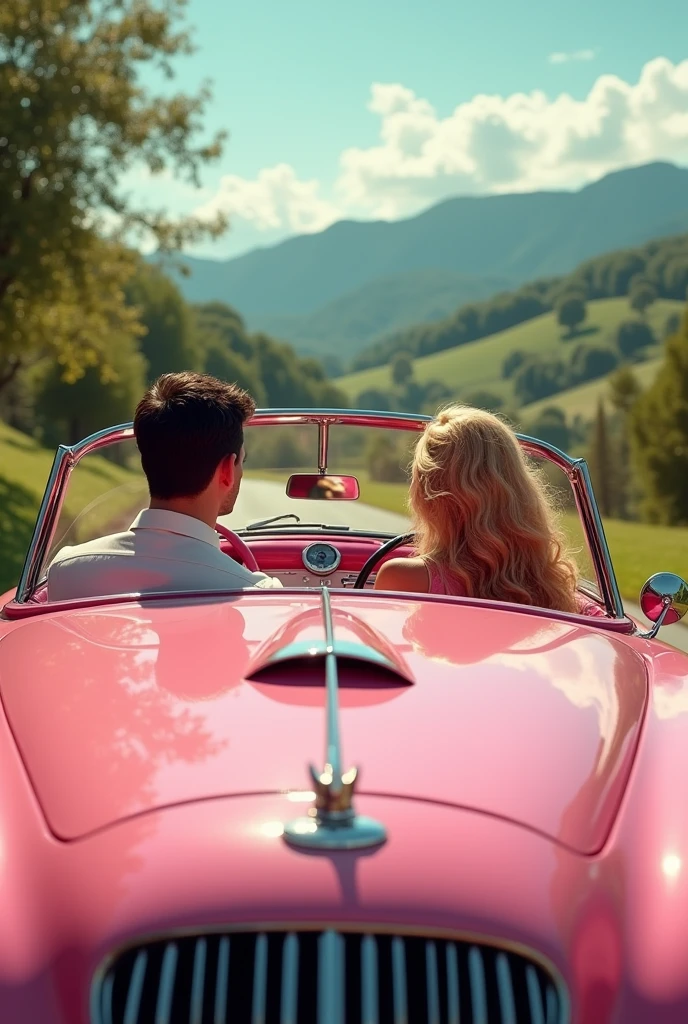 Perfect tall and handsome short dark hair driving pink luxurious convertible car with perfect beauty sexy gorl with so long curly blonde hair in the beautiful Italy view