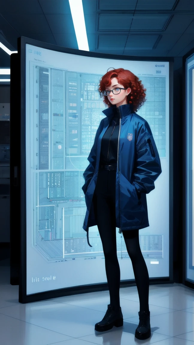 Illustrate a female character standing in a futuristic office, embodying a blend of traditional and modern tech elements. She has curly red hair, glasses, and wears a smart-casual outfit. Behind her, a giant screen displays a network diagram with all lines converging to a central point, highlighting the centralized control within a DeFi context. The environment uses a cool color palette of blues and grays, with a digital grid pattern subtly integrated into the flooring