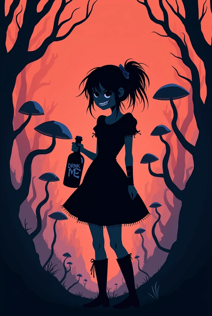 Minimalist silhouette art in the style of Olly Moss, depicting a dark, twisted version of Alice in
Wonderland. Alice is shown as a troubled, almost punk-like figure, with disheveled hair and torn
clothing, holding a bottle labeled *Drink Me with a sinister grin. Surround her with surreal, distorted
elements like oversized mushrooms and twisted trees. The color palette should be dark and moody,
using deep purples, blacks, and blood reds, with sharp contrasts between light and shadow. The
background should hint at a chaotic Wonderland, with a foreboding atmosphere.