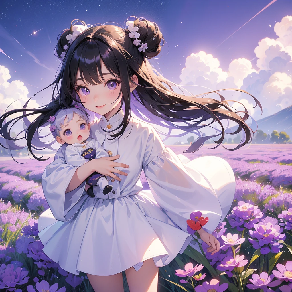 A chibi child girl had a small face and wearing a white little tourist priest’s outfit, a pair of big round eyes shone with curiosity about him. This child was so cute, her hair is black with buns on her hair. Small chibi , chibi baby, smiling , chibi. 

Stroll among the purple lavender fields , There are some floating clouds.