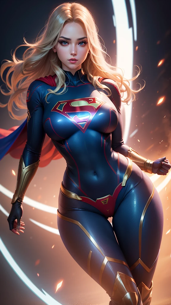 a sexy supergirl, detailed face, beautiful eyes, long eyelashes, full lips, flawless skin, large breasts, slim waist, curvy hips, tight bodysuit, thigh high boots, dynamic pose, glowing energy aura, cinematic lighting, vibrant colors, photorealistic, intricate details, 8k, high quality