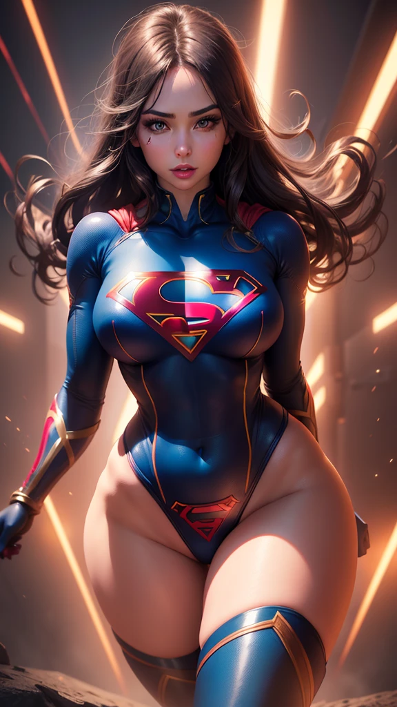 a sexy supergirl, detailed face, beautiful eyes, long eyelashes, full lips, flawless skin, large breasts, slim waist, curvy hips, tight bodysuit, thigh high boots, dynamic pose, glowing energy aura, cinematic lighting, vibrant colors, photorealistic, intricate details, 8k, high quality