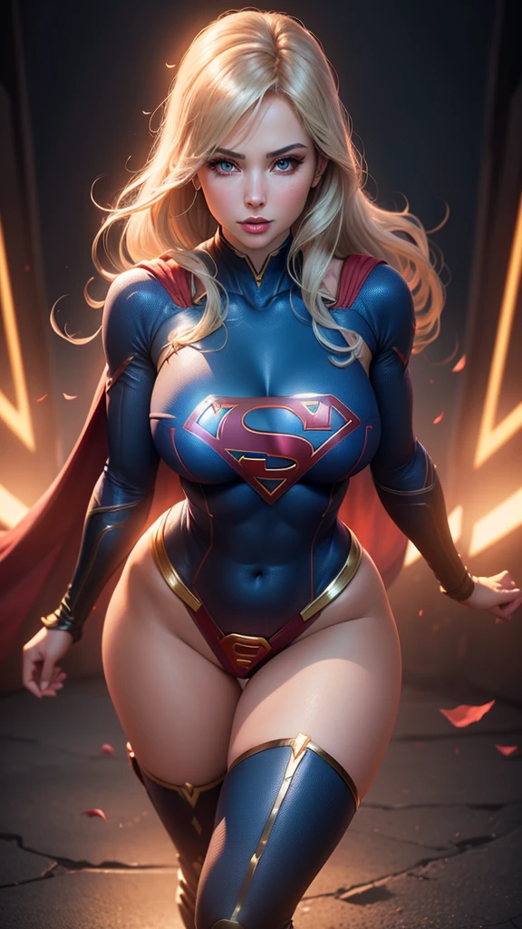 a y supergirl, detailed face, beautiful eyes, long eyelashes, full lips, flawless skin, large brelim waist, curvy hips, tight bodysuit, thigh high boots, dynamic pose, glowing energy aura, cinematic lighting, vibrant colors, photorealistic, intricate details, 8k, high quality