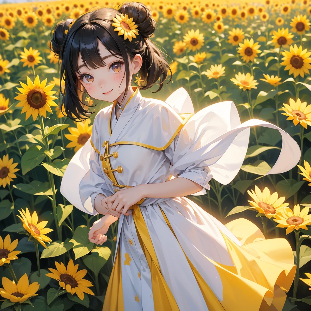 A chibi child girl had a small face and wearing a white little tourist priest’s outfit, a pair of big round eyes shone with curiosity about him. This child was so cute, her hair is black with buns on her hair. Small chibi , chibi baby, smiling , chibi.
Strolling among the sunflower fields Glowing yellow,