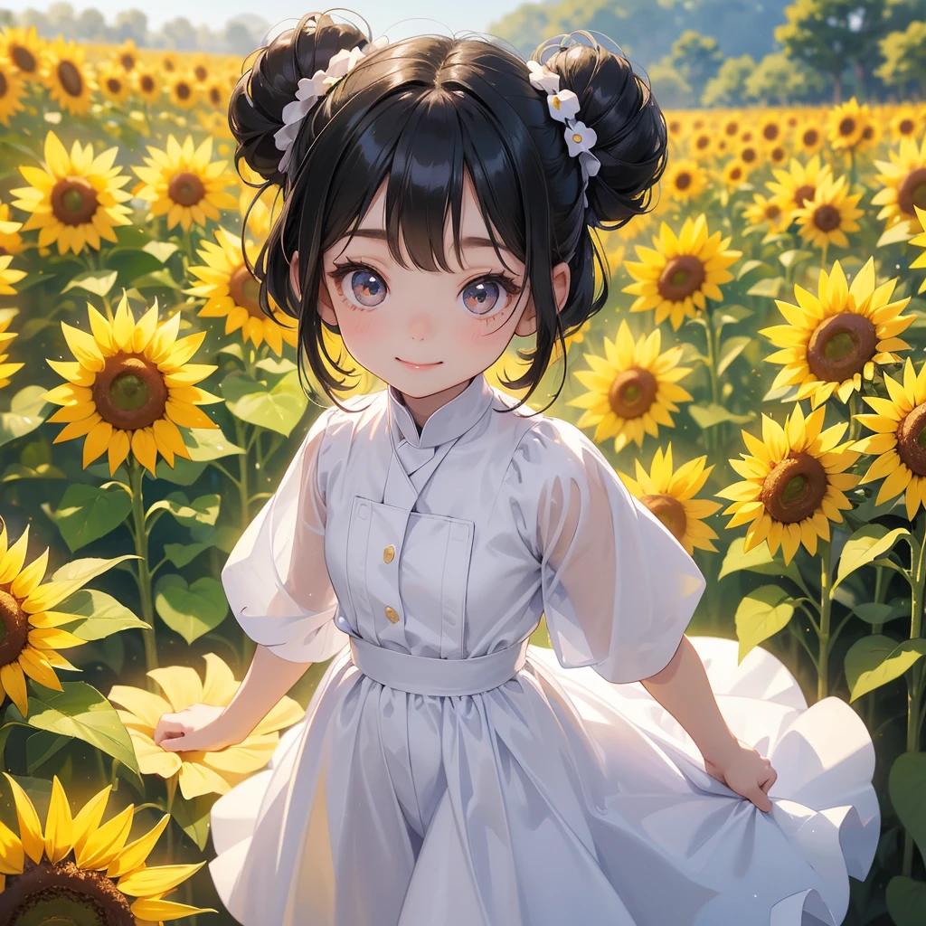 A chibi child girl had a small face and wearing a white little tourist priest’s outfit, a pair of big round eyes shone with curiosity about him. This child was so cute, her hair is black with buns on her hair. Small chibi , chibi baby, smiling , chibi.
Strolling among the sunflower fields Glowing yellow,