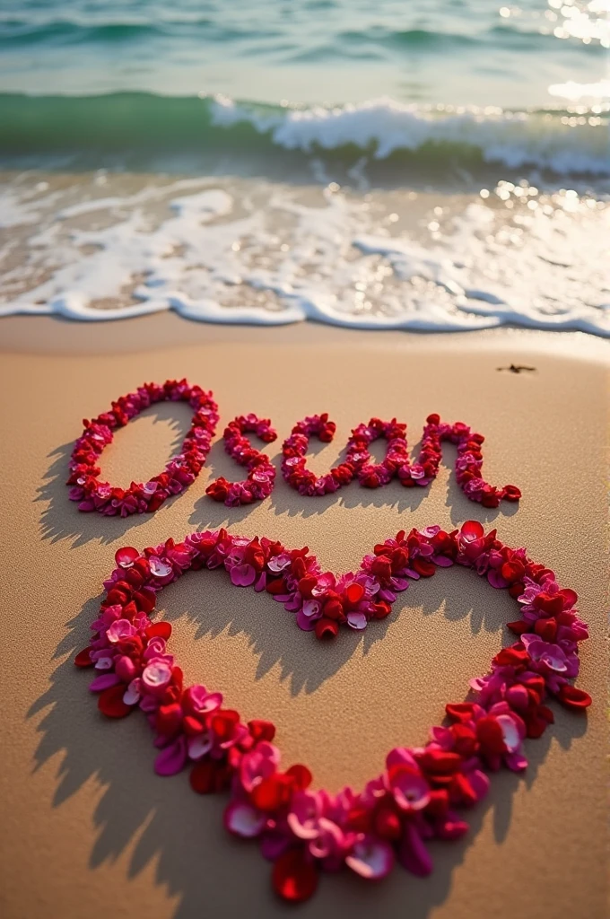 Name Oscar and Yuleidi written with rose petals on the sand of the sea