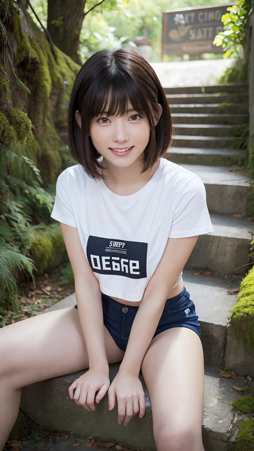 beautiful girl, One Girl, (Cropped logo T-shirt:1.3, low-rise hot pants:1.3), (yo:1.3), break, (Beautiful moss-covered stairs:1.2), break, Shy laugh, Very beautiful eyes, (Symmetrical eyes:1.3), break, (D cup Breasts:1.2), Brown eyes, Parted bangs, Brown bob cut hair, Round face, cute, break, (Eye and facial details:1.0), Spread your legs:1.3, Shooting from below, Pussy Line, Camel Toe, Looking into the camera, masterpiece, Highest quality, RAW Photos, Realistic, Cute people, Written boundary depth, High resolution, Very detailedな, In detail, Very detailed, Very detailed目と顔, Sharp pupils, Cinema Lighting