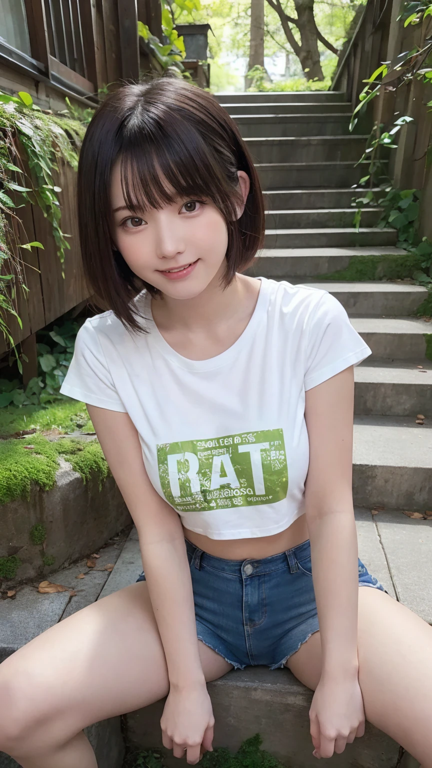 beautiful girl, One Girl, (Cropped logo T-shirt:1.3, low-rise hot pants:1.3), (****:1.3), break, (Beautiful moss-covered stairs:1.2), break, Shy laugh, Very beautiful eyes, (Symmetrical eyes:1.3), break, (D cup Breasts:1.2), Brown eyes, Parted bangs, Brown bob cut hair, Round face, cute, break, (Eye and facial details:1.0), Spread your legs:1.3, Shooting from below, Pussy Line, Camel Toe, Looking into the camera, masterpiece, Highest quality, RAW Photos, Realistic, Cute people, Written boundary depth, High resolution, Very detailedな, In detail, Very detailed, Very detailed目と顔, Sharp pupils, Cinema Lighting