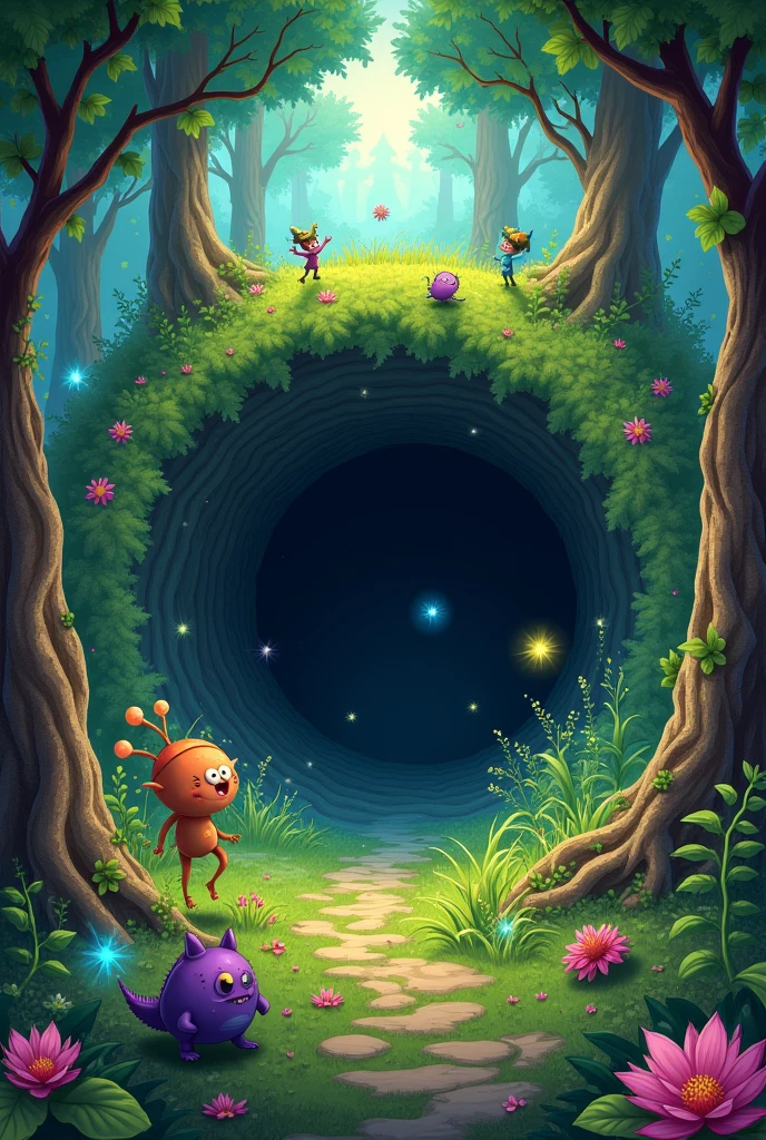 A magical forest, with a big hole, cartoons 