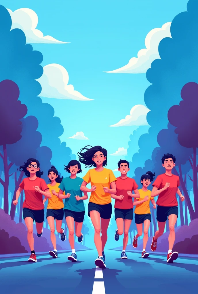 Create an illustration of people running for an event. Title of the backdrop is ‘mental health run’. Main colors are blue and purple. Save the middle space for logo. Asian people in the illustration. Make it a bit more cartoonish. Change the color of the shirt to more colorful.
Do not include the logo. The scenery change to blue and purple