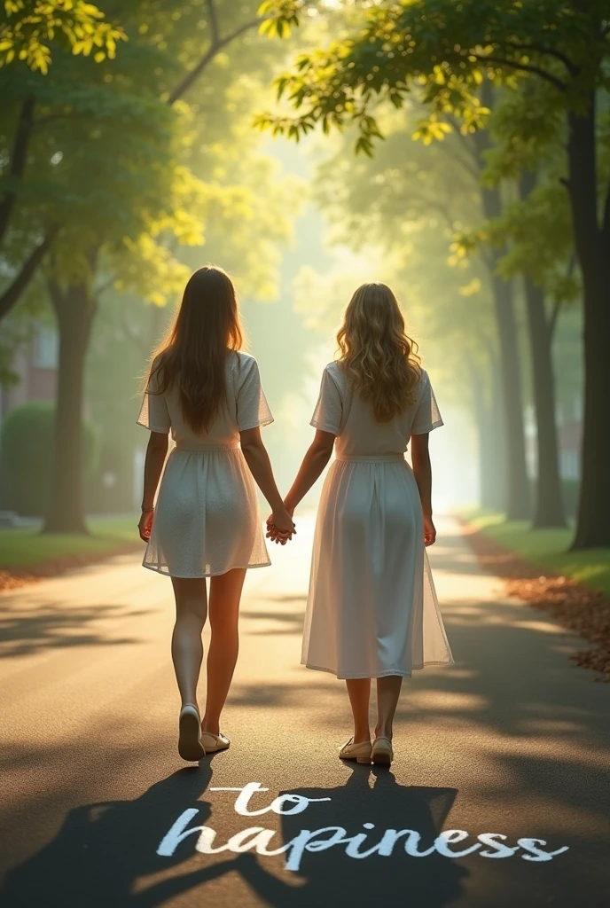 “to happiness” scribbled in chalk on the road, ((masterpiece, highest quality, Highest image quality, High resolution, photorealistic, Raw photo, 8K)), ((Extremely detailed CG unified 8k wallpaper)), The back view of a two woman walking hand in hand, on a tree-lined street with sunlight filtering through the trees, the last scene of a romantic movie, green leaves and white light, a walkway in the morning mist,