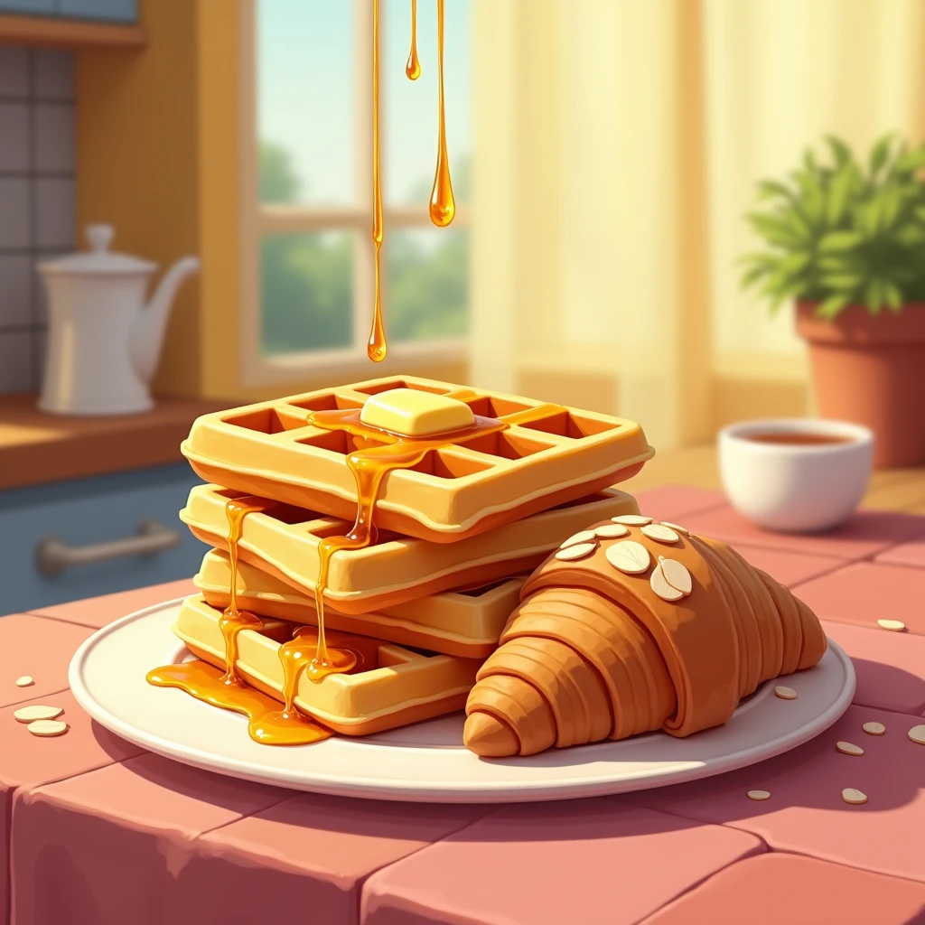 Some waffles drizzled with honey,A croissant topped with almond flakes,Disney cartoon style