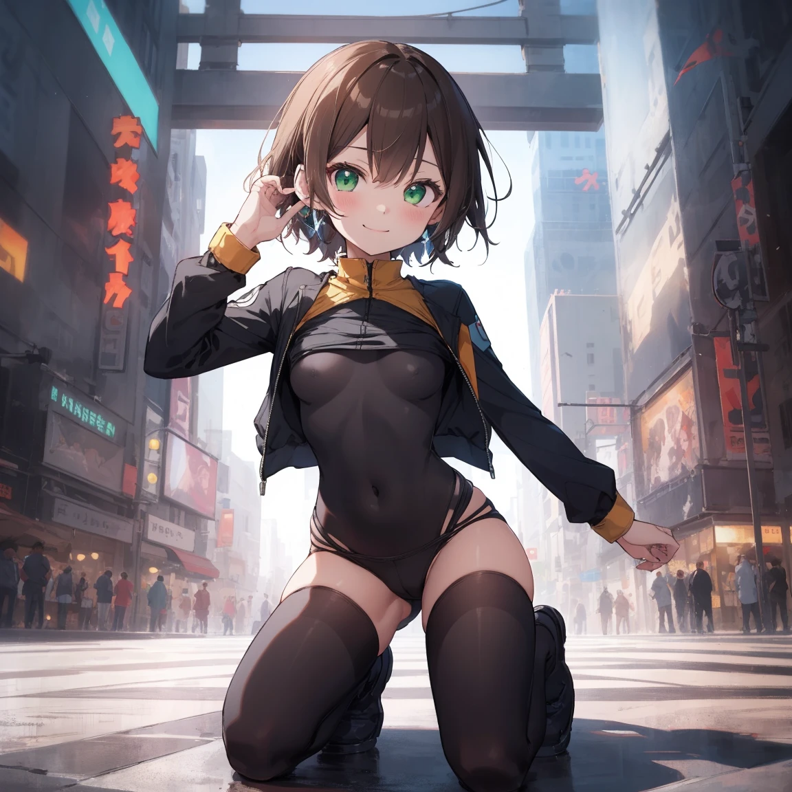 family_megamanzx, kneeling with one hand on the floor, and the other one is raised, 1 girl, standing alone, small hair, Brown hair, small sleeves, (Maybe), ears work, green eyes, a lot_small_smalls, small sleeves, small over long sleeves, smile, In a futuristic city, , high quality, average_breast,crotch, Slouch,crotch, is
