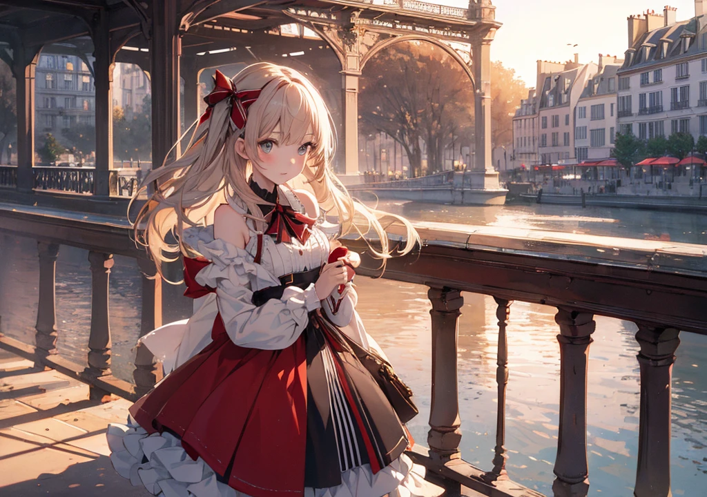 Realistic photos, Focus distance 10mm, Red and white, Beautiful girl, Realistic photos, Shooting at focus distance 10mm, masterpiece, 最high quality, high quality, Very detailed CG 8k wallpaper unit, Award-winning photography, Depth of written boundary, High resolution, bloom, chromatic aberration, Realistic, Very detailed, Art Station Trends, CGsociety Trends, Complex, High detail, dramatic, Art on the go, volumetric lighting, A beautiful Disney-inspired girl stands gracefully on the deck as she cruises down the Seine River, with the beautiful bridges and historic buildings of Paris behind her and the light of the setting sun magically glistening on the water